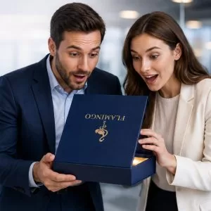 Момент вручения корпоративного подарка FLAMINGO с музыкальной открыткой
