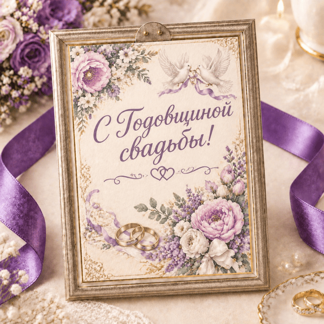 Фреймкард «С годовщиной свадьбы!» с голубями