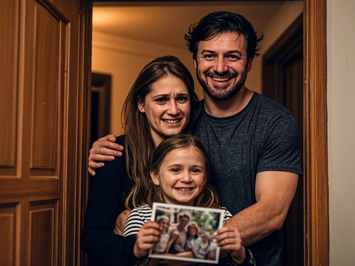 Возвращение близкого человека — семья обнимает вернувшегося, дочь держит историю